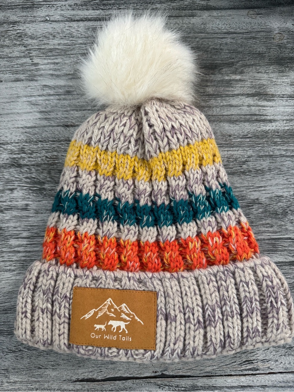 Our Wild Tails Beanie Orange green yellow faux fur Pom Pom Ski Snowboard #NE306